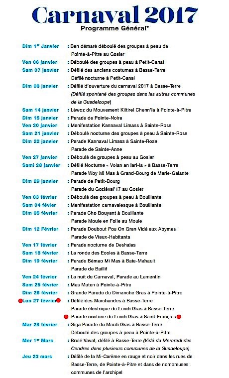 Programme Carnaval 2017 en Guadeloupe