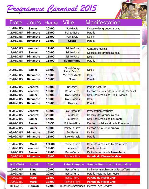 Programme du carnaval en Guadeloupe et à St François Pour l'année 2016