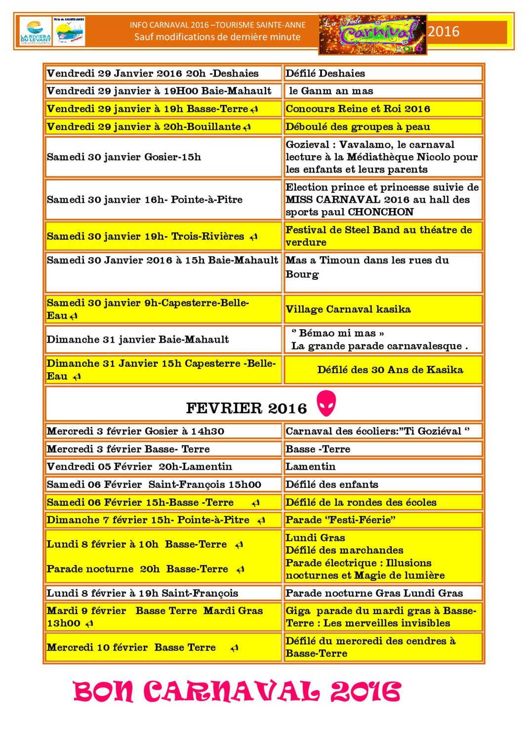 Programme du carnaval en Guadeloupe et à St François Pour l'année 2016