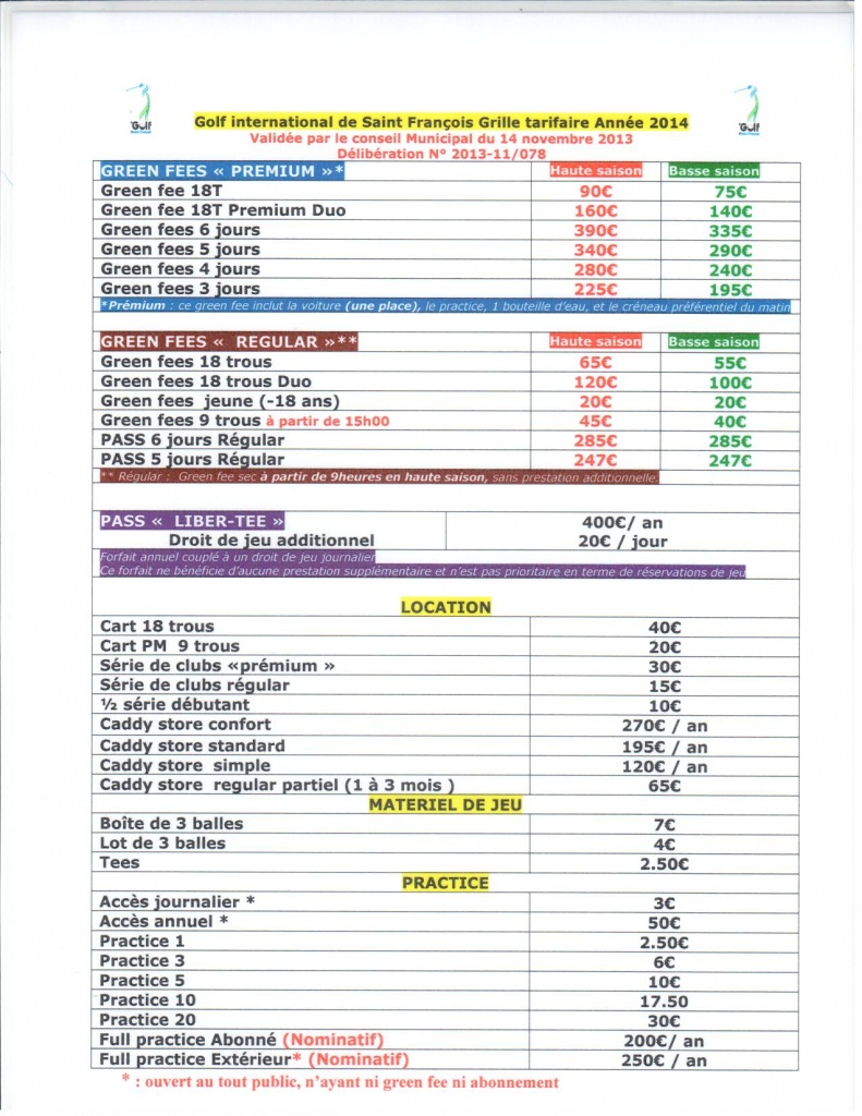 Tarifs du golf de Guadeloupe de Saint François Guadeloupe 2014 